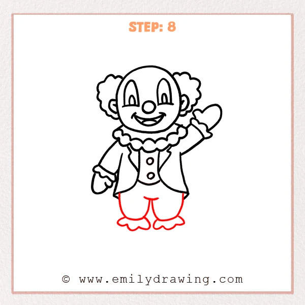 how to draw a cartoon clown - The cartoon clown now has two puffy pant legs with fluffy wavy ankle cuffs added, ready for the big clown shoes next.